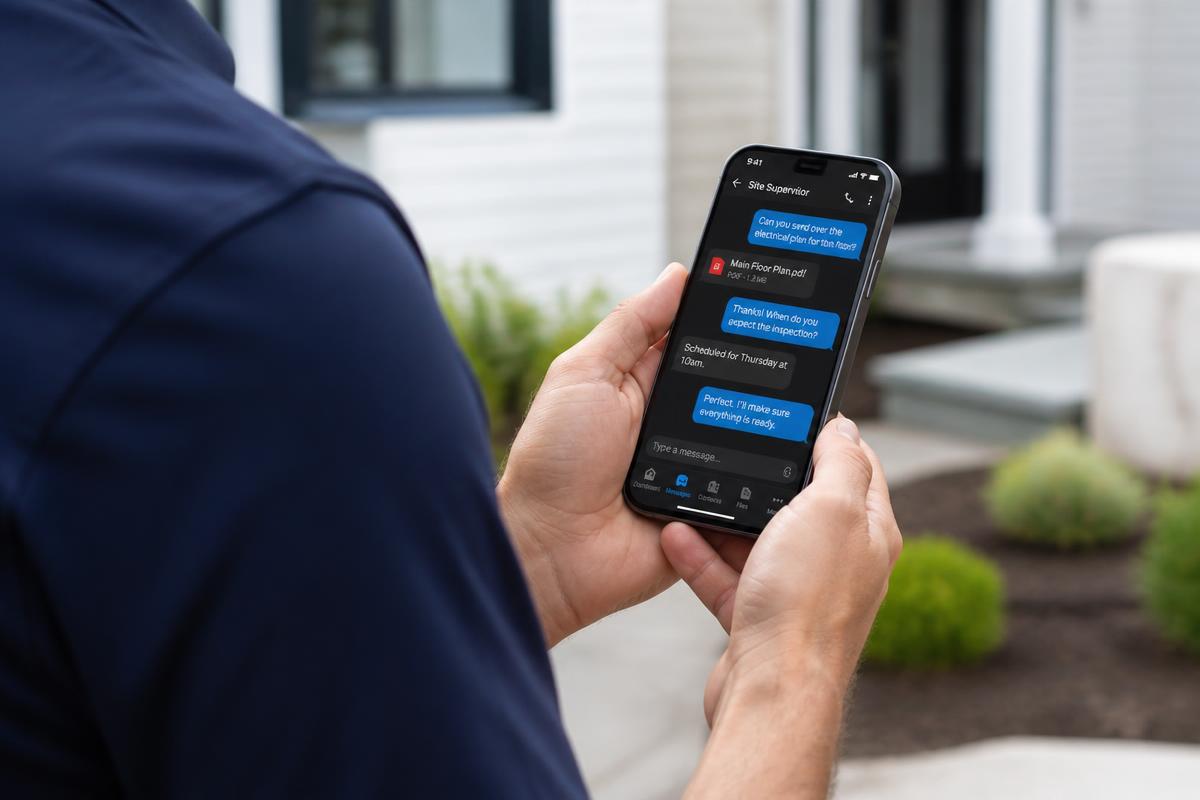 Contractor answering customer replies alone from a smartphone at a job site