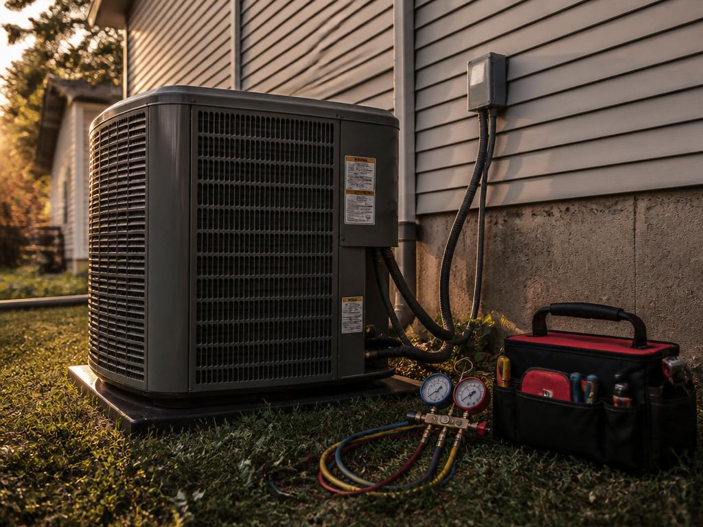 Outdoor HVAC condenser unit with service gauges and a tool bag