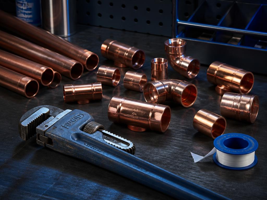 Copper plumbing fittings and a pipe wrench on a dark workbench